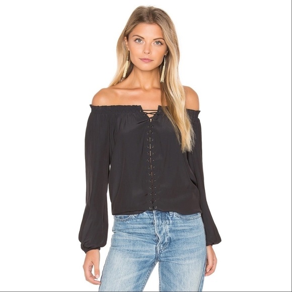 RAMY BROOK | Black Lace Up Top Off Shoulder Jackie Long Sleeve Blouse - Picture 1 of 6